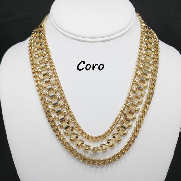 Coro Egyptian Revival Three Strand Necklace, Book Chain Center, 1950s Vintage - Picture 1 of 10